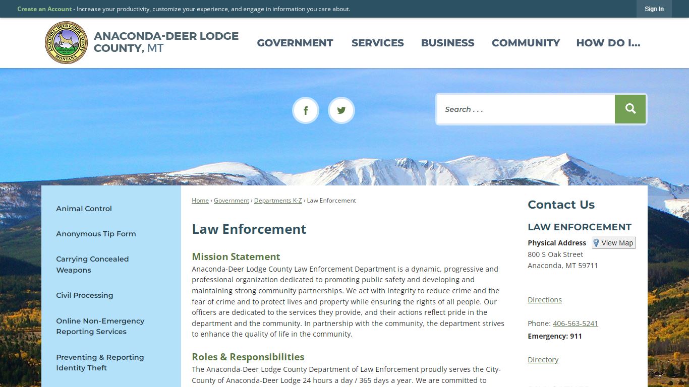 Law Enforcement | Anaconda-Deer Lodge County, MT